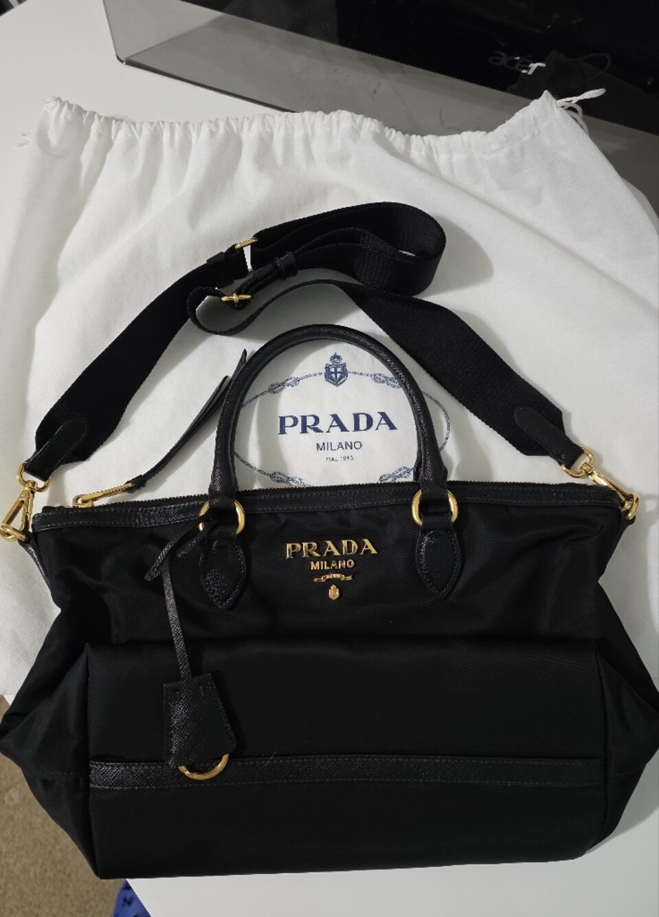 Authentic Prada Black Nylon Tessuto Saffia Messenger Bag with Gold Hardware